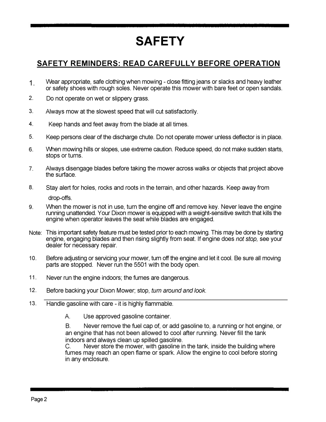 Dixon 5501 manual Safety Reminders Read Carefully Before Operation 