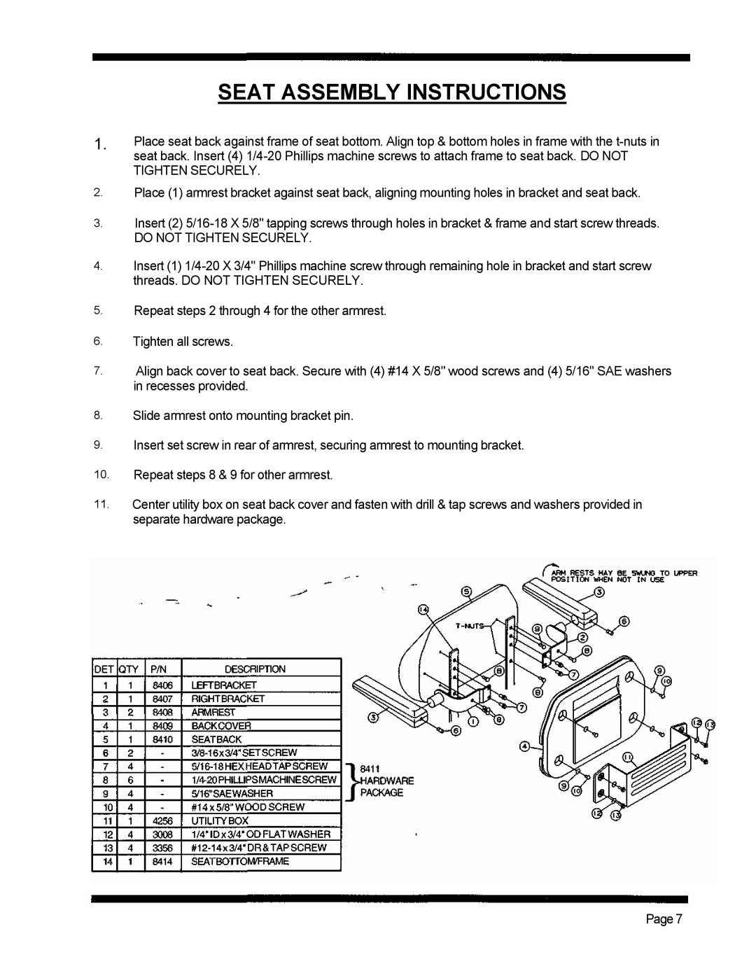 Dixon 560 manual Seat Assembly Instructions, Do not Tighten Securely 