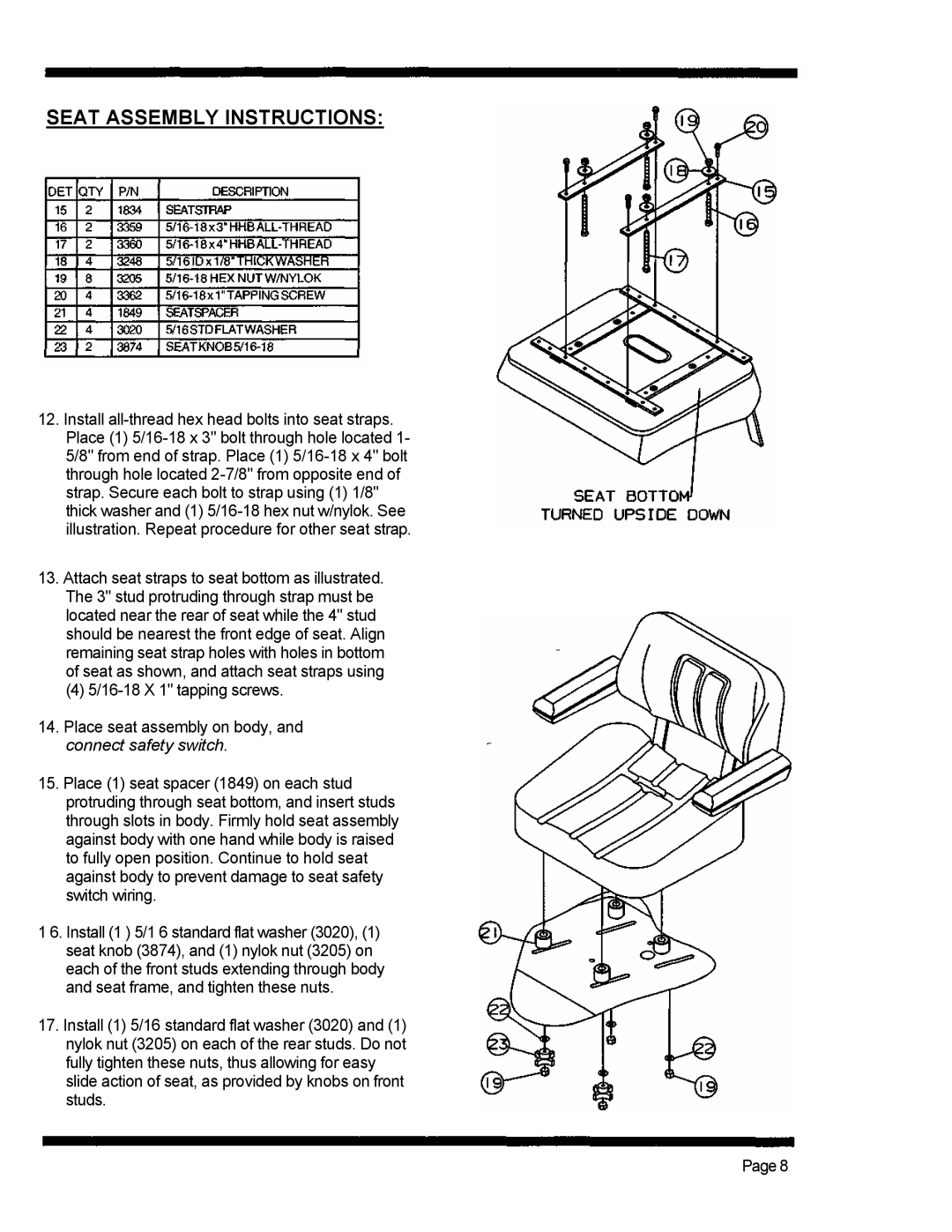 Dixon 560 manual Seat Assembly Instructions 