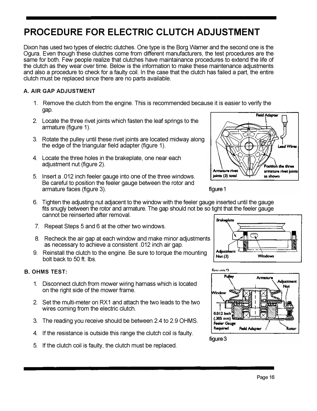 Dixon 560 manual Procedure for Electric Clutch Adjustment 