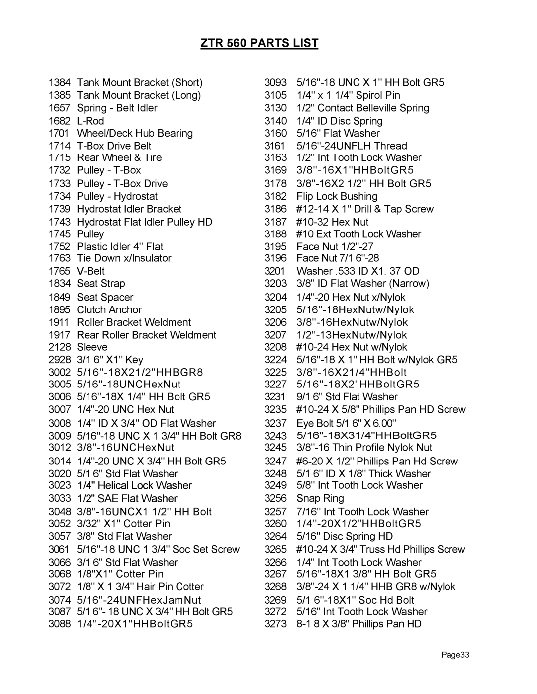 Dixon manual ZTR 560 Parts List 