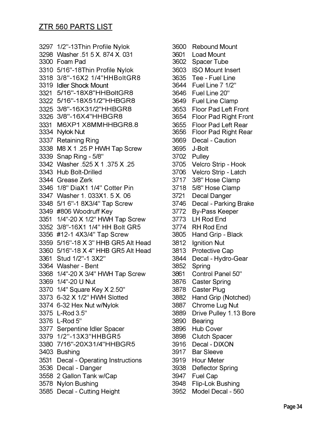 Dixon manual ZTR 560 Parts List 