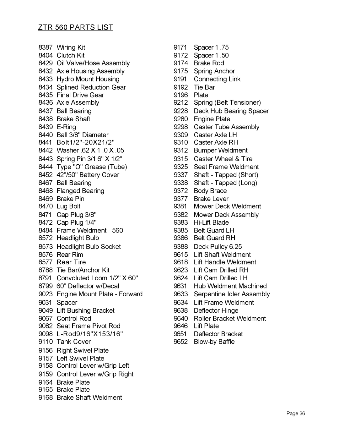 Dixon manual ZTR 560 Parts List 