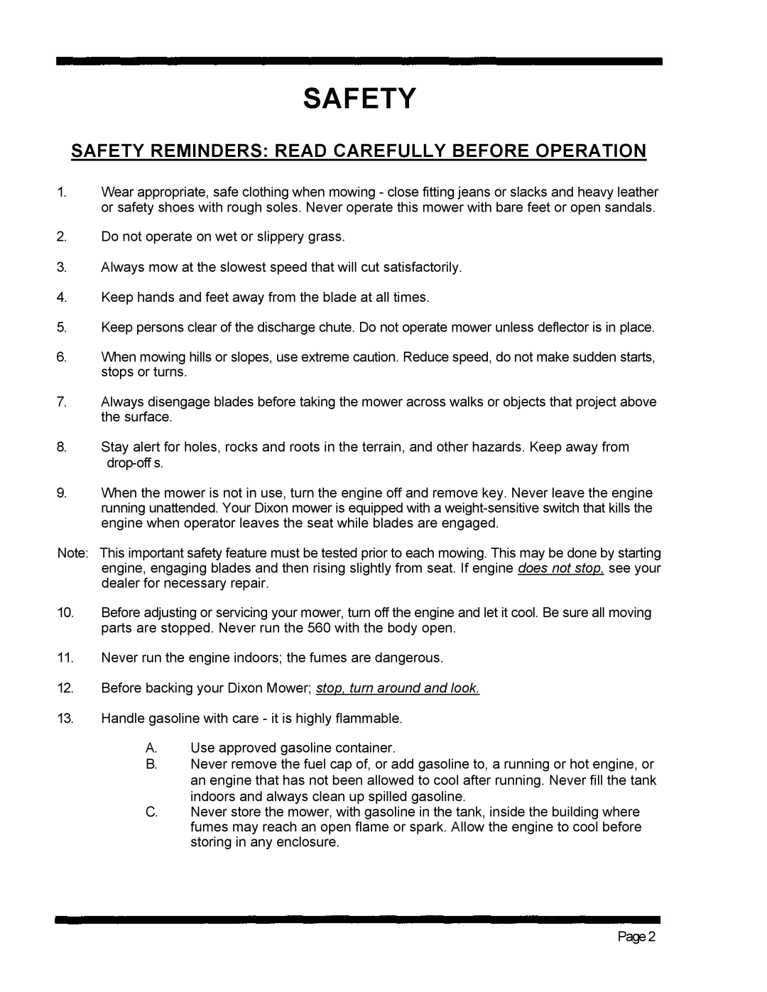 Dixon 560 manual Safety Reminders Read Carefully Before Operation 