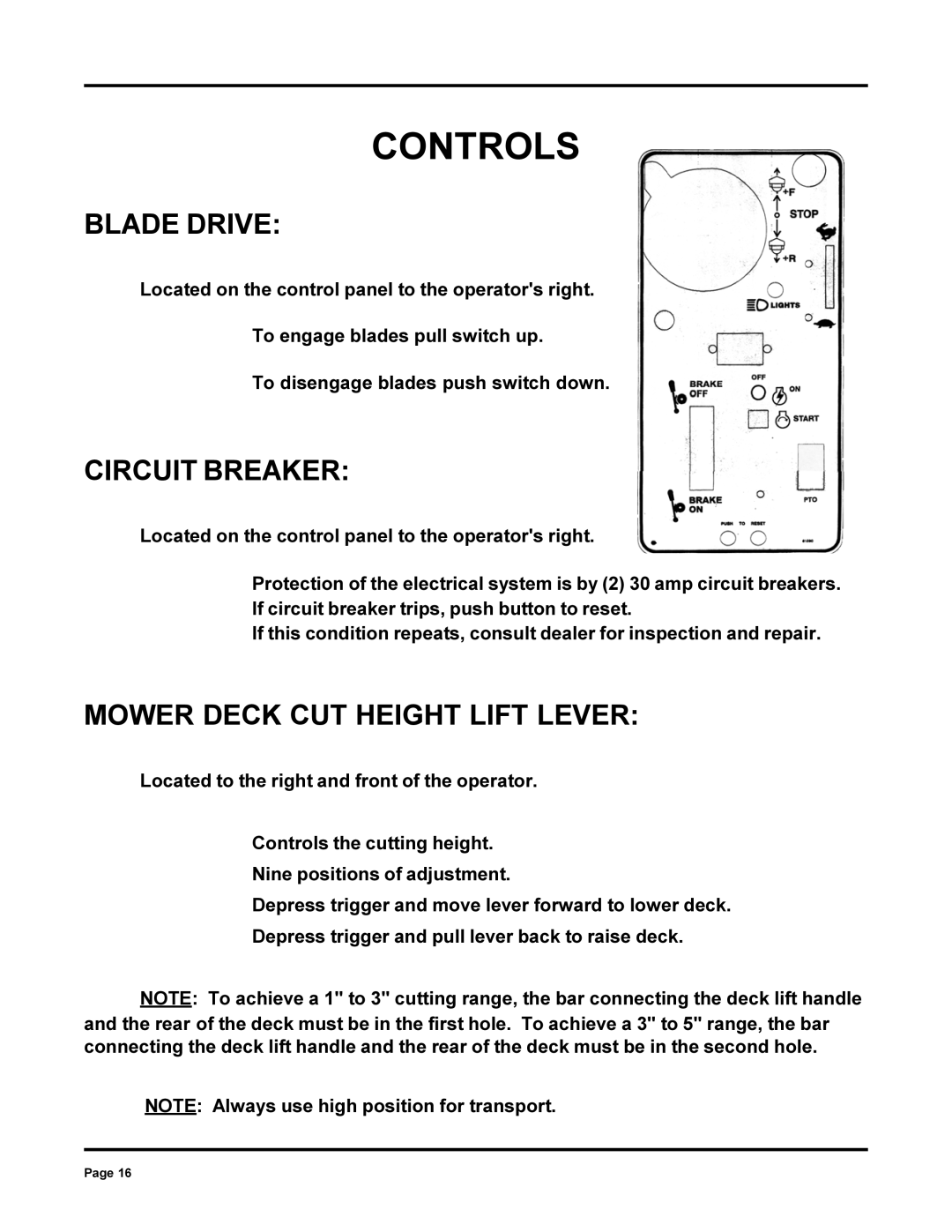 Dixon 6000 Series manual Blade Drive, Circuit Breaker, Mower Deck CUT Height Lift Lever 