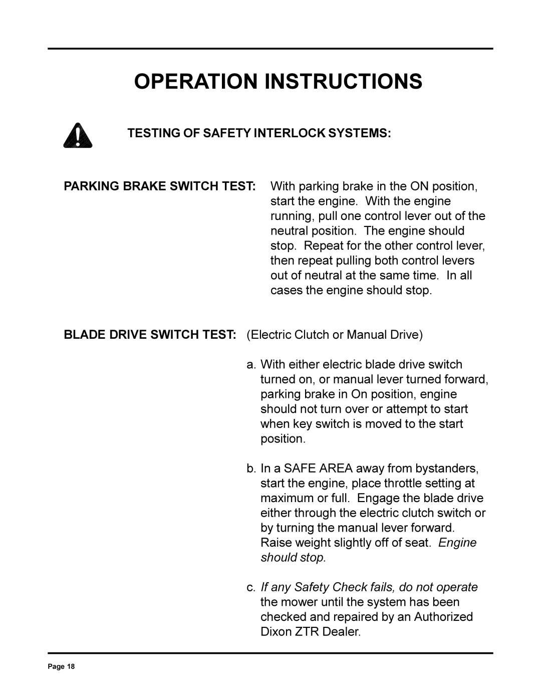 Dixon 6000 Series manual Testing of Safety Interlock Systems 