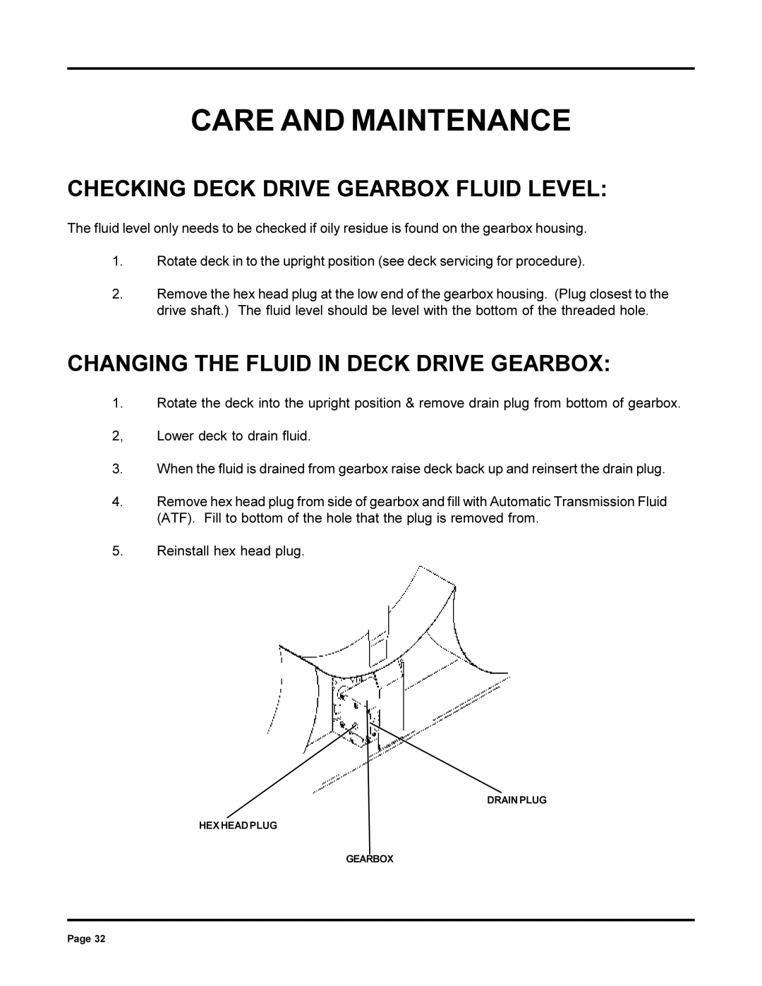 Dixon 6000 Series manual Checking Deck Drive Gearbox Fluid Level, Changing the Fluid in Deck Drive Gearbox 