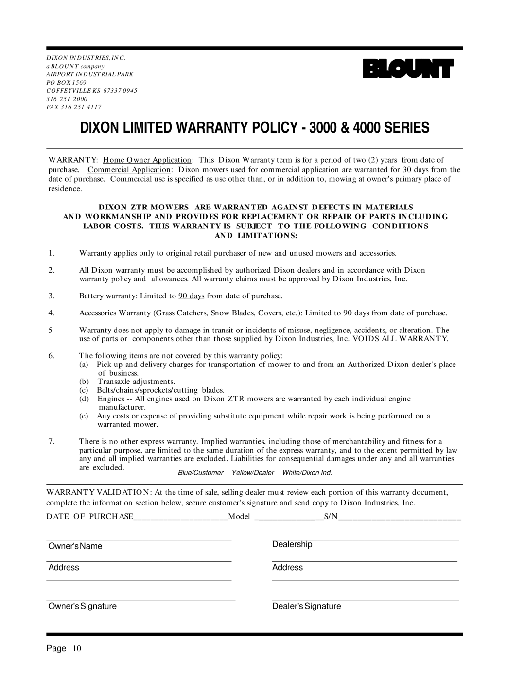 Dixon 6025 manual Dixon Limited Warranty Policy 3000 & 4000 Series 