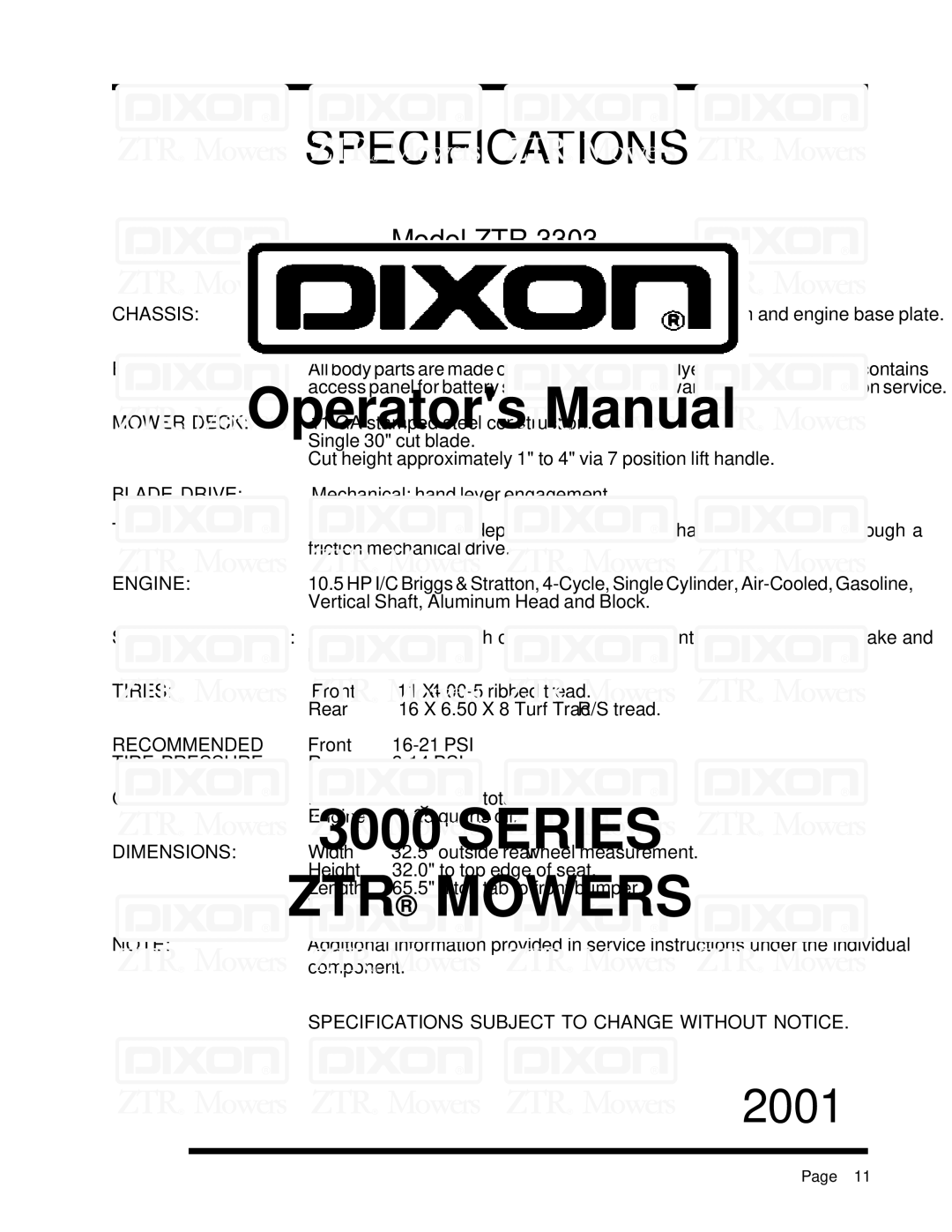 Dixon 6025 manual Specifications 