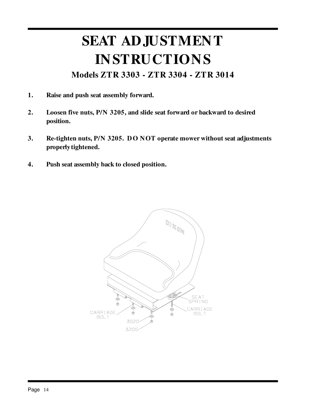 Dixon 6025 manual Seat Adjustment Instructions, Models ZTR 3303 ZTR 3304 ZTR 