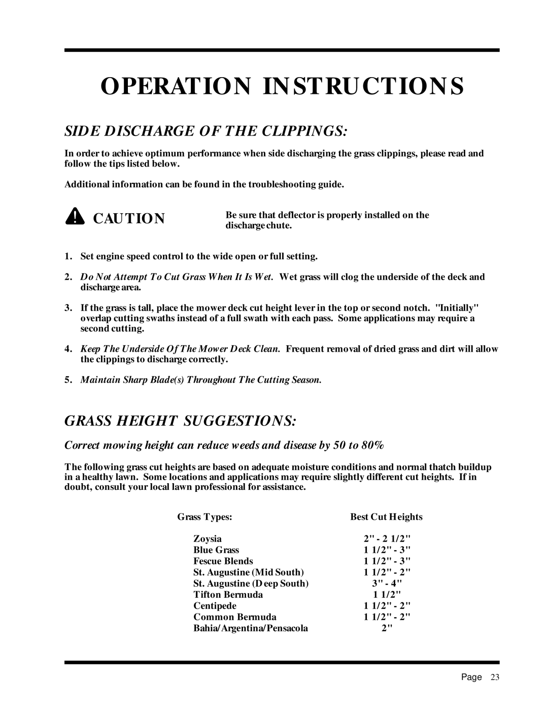 Dixon 6025 manual Side Discharge of the Clippings, Grass Height Suggestions 