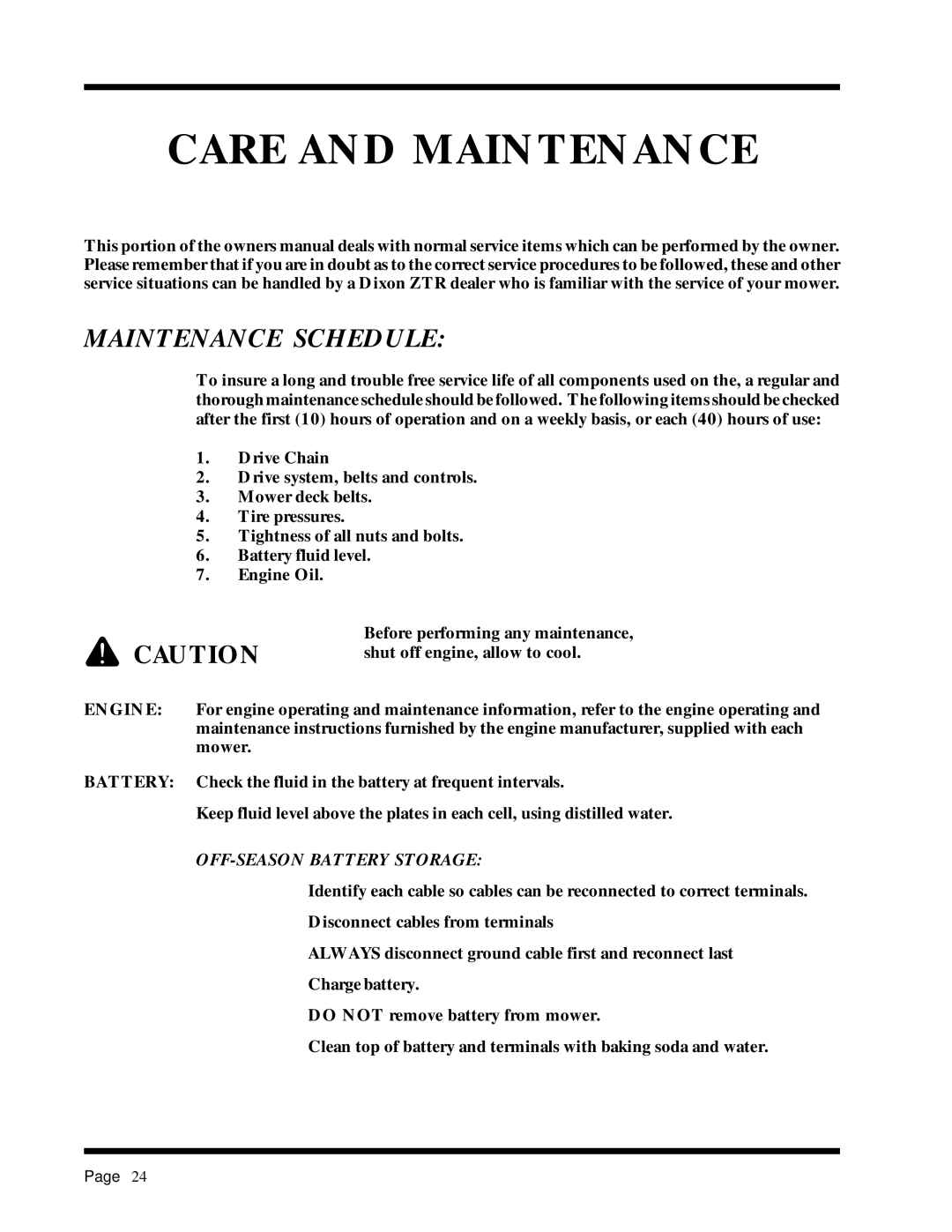 Dixon 6025 manual Care and Maintenance, Maintenance Schedule, Battery 