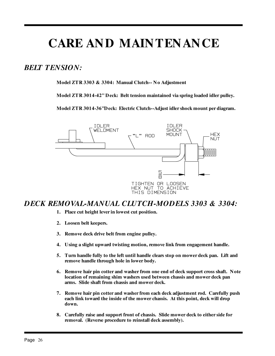 Dixon 6025 manual Belt Tension, Deck REMOVAL-MANUAL CLUTCH-MODELS 3303 