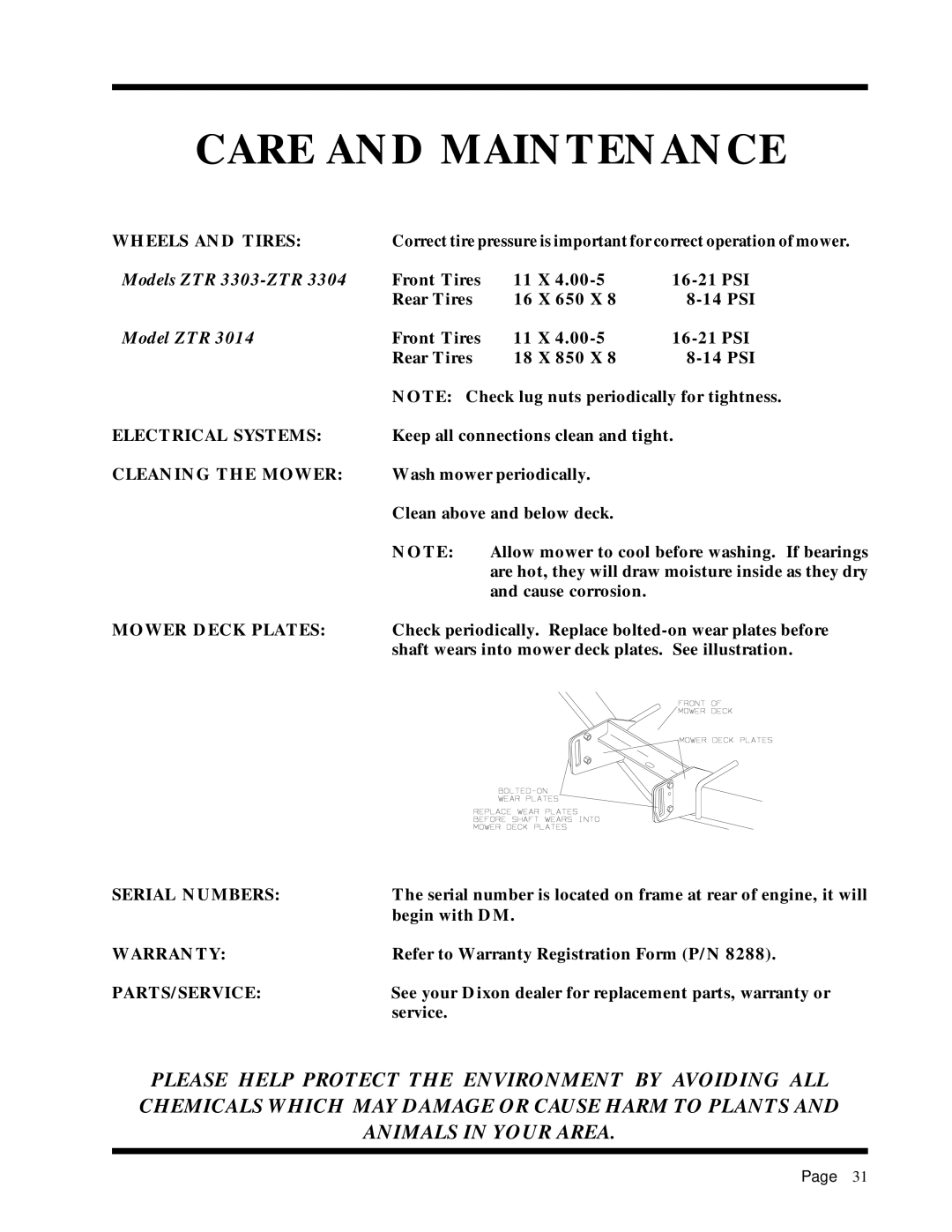 Dixon 6025 manual Wheels and Tires, Electrical Systems, Cleaning the Mower, Mower Deck Plates, Serial Numbers, Warranty 