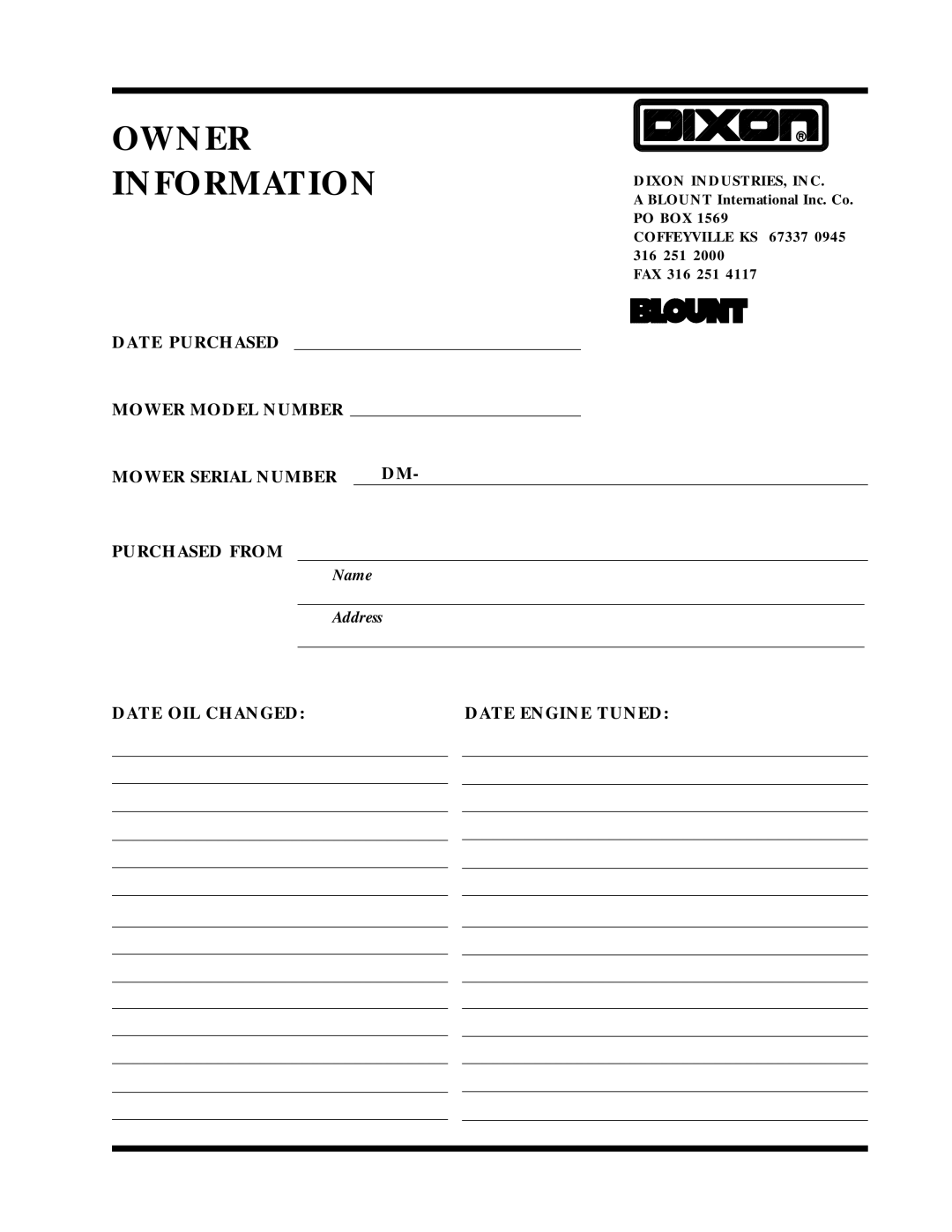 Dixon 6025 manual Owner Information, Date OIL Changed Date Engine Tuned 