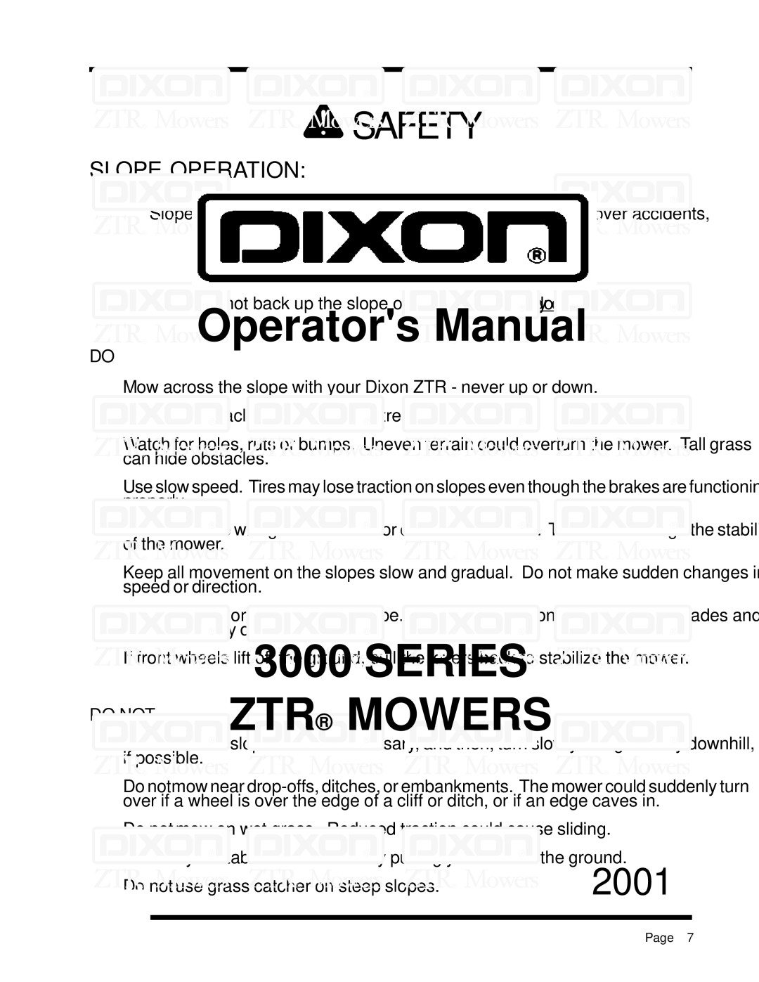 Dixon 6025 manual Slope Operation, Do not 