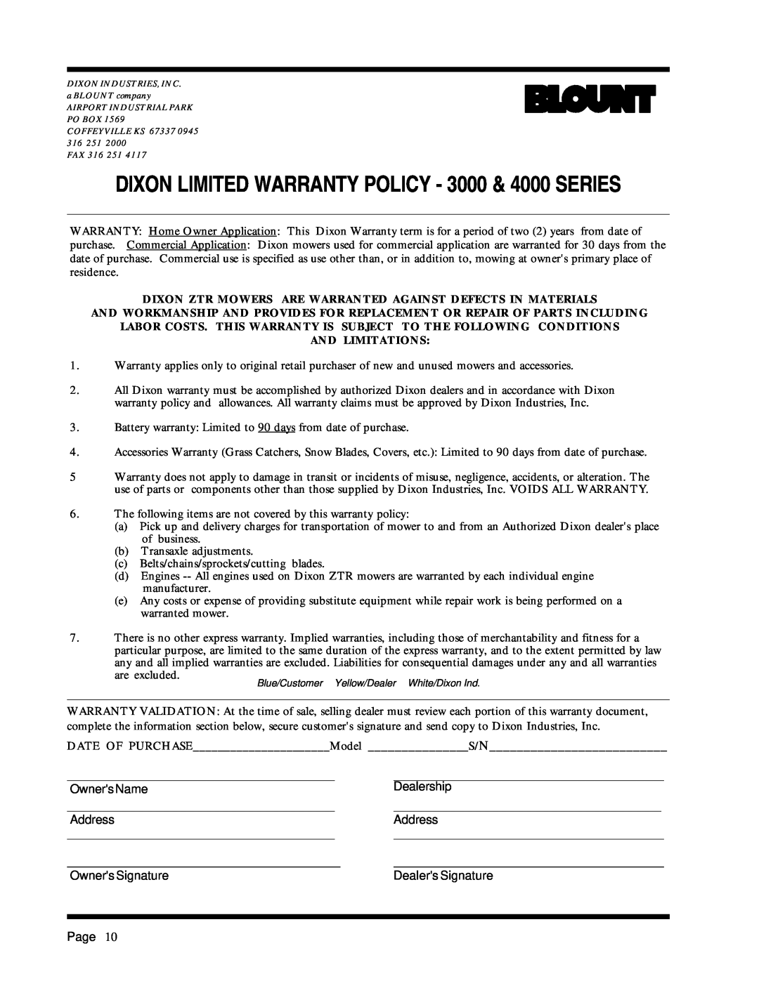 Dixon 6025 manual And Limitations 