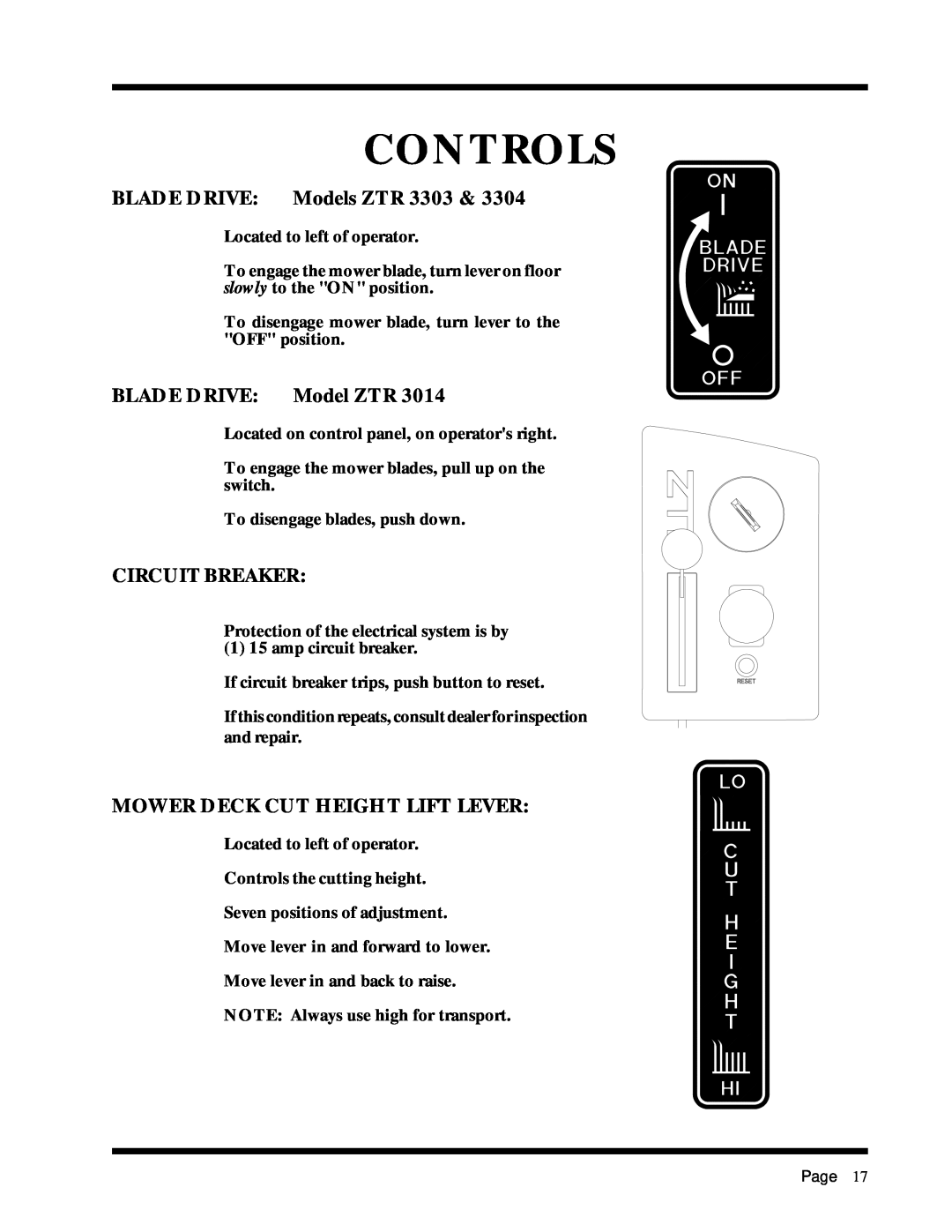Dixon 6025 manual Controls, BLADE DRIVE: Models ZTR 3303, BLADE DRIVE: Model ZTR, Circuit Breaker 