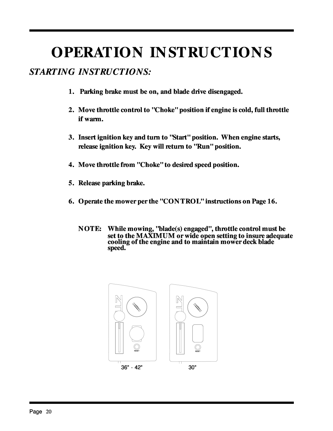 Dixon 6025 manual Starting Instructions, Operation Instructions 