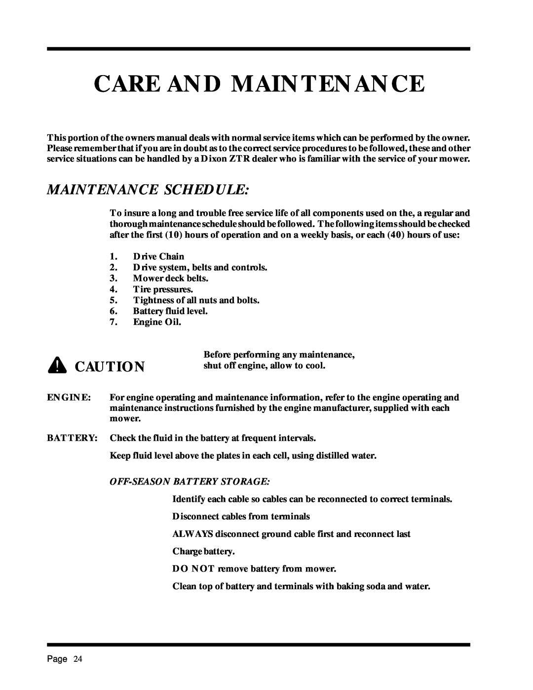 Dixon 6025 manual Care And Maintenance, Maintenance Schedule 