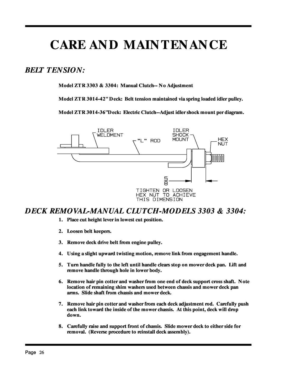 Dixon 6025 manual Belt Tension, DECK REMOVAL-MANUAL CLUTCH-MODELS3303, Care And Maintenance 