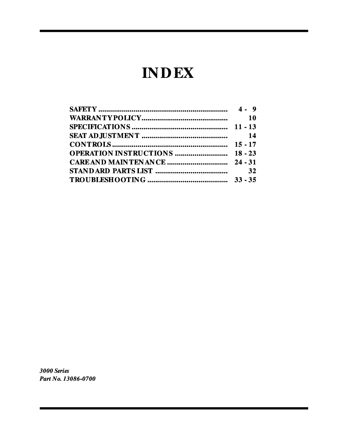 Dixon 6025 manual Index, Operation Instructions 