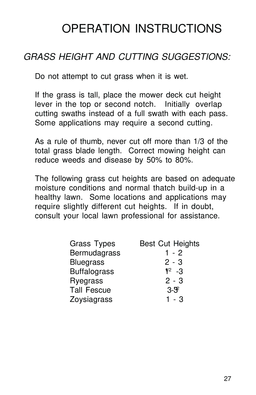 Dixon 61935-0603 manual Grass Height and Cutting Suggestions 