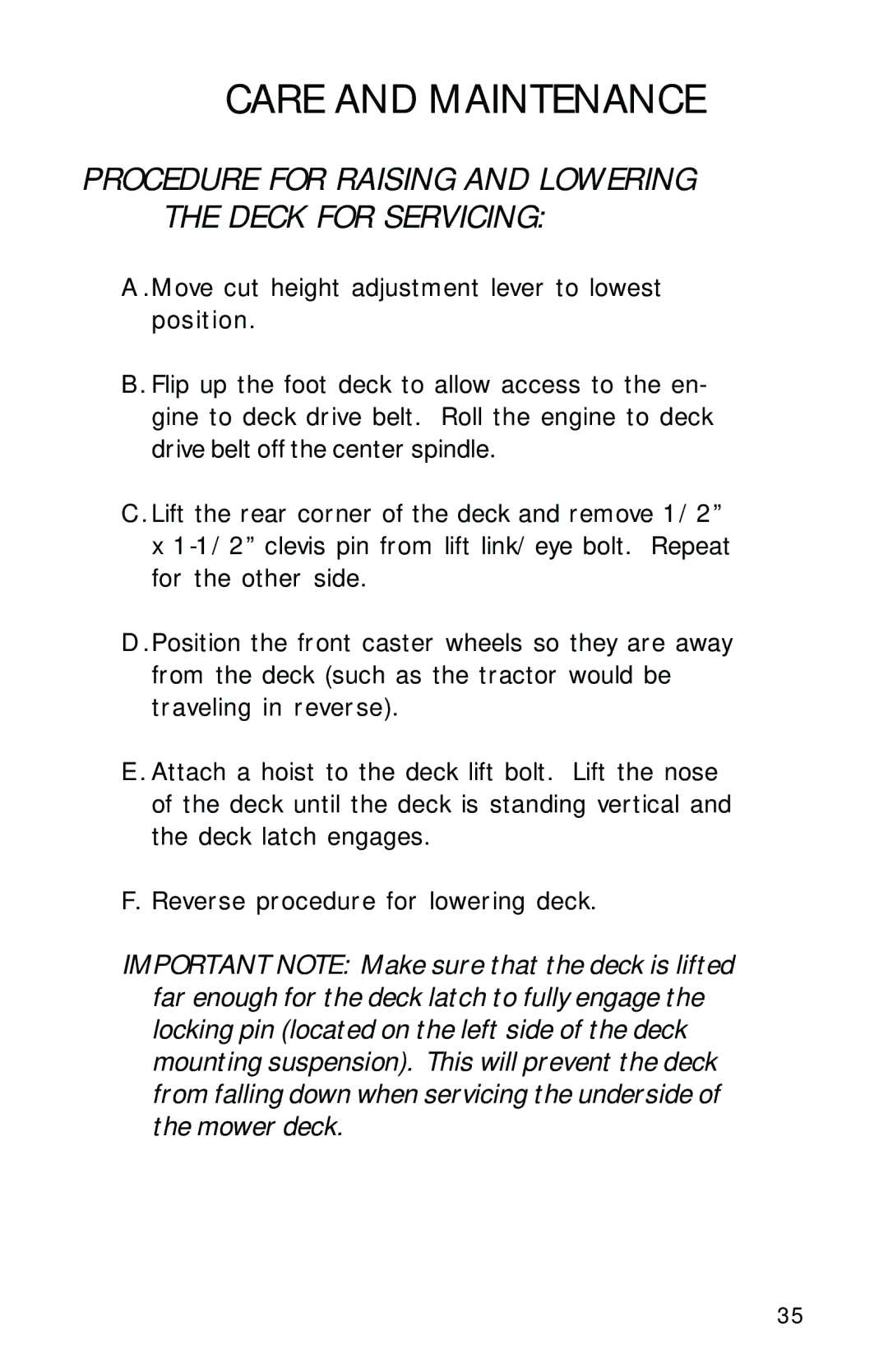 Dixon 61935-0603 manual Procedure for Raising and Lowering the Deck for Servicing 