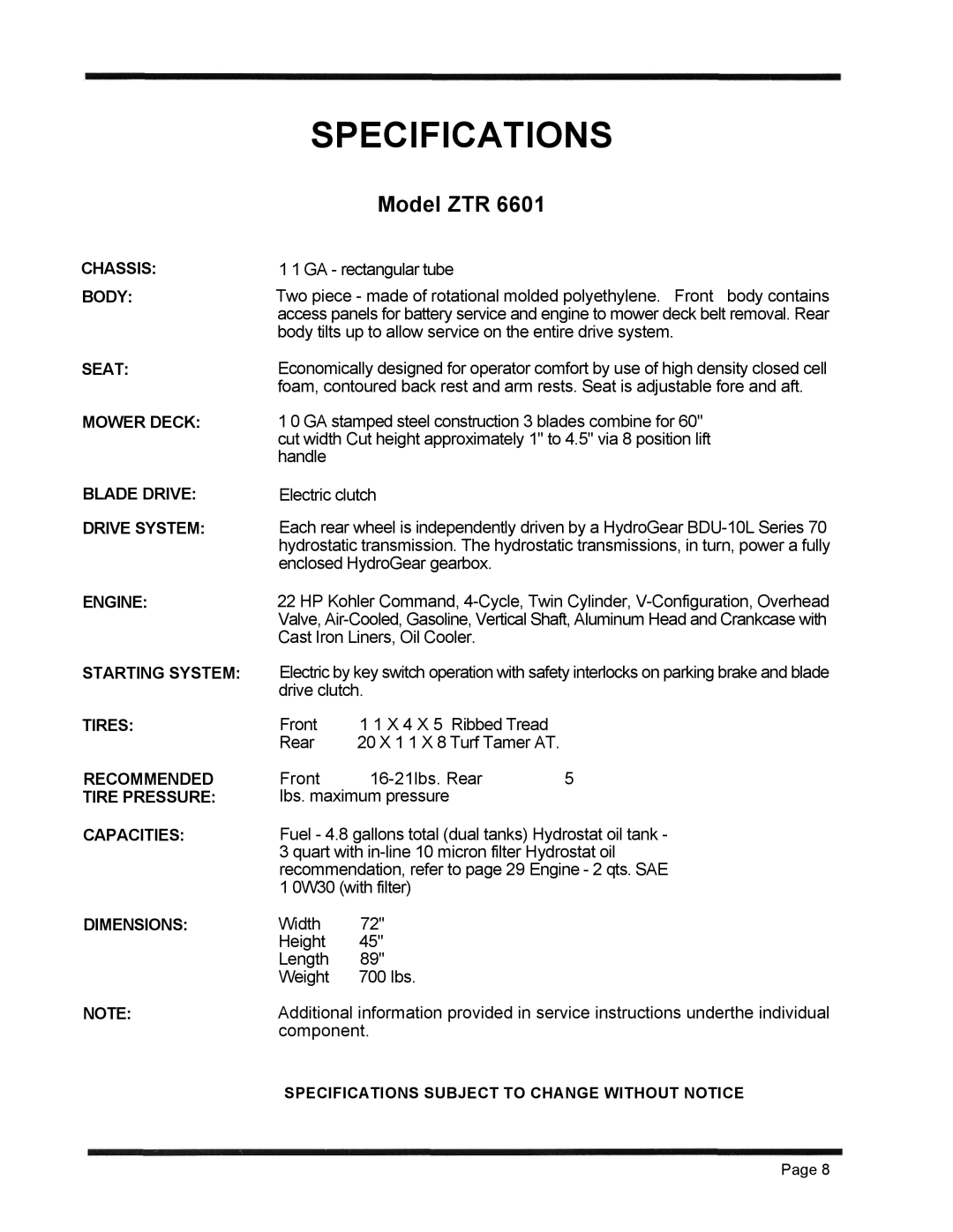 Dixon 6601 Series manual Specifications 