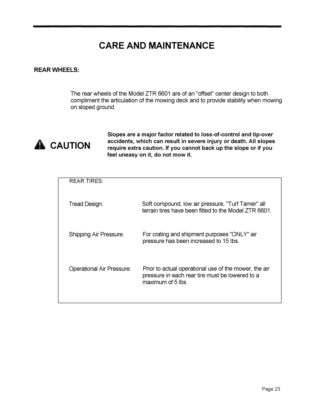 Dixon 6601 Series manual Rear Wheels, Feel uneasy on it, do not mow it 