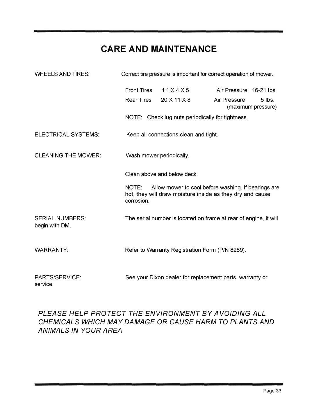 Dixon 6601 Series manual Care and Maintenance 