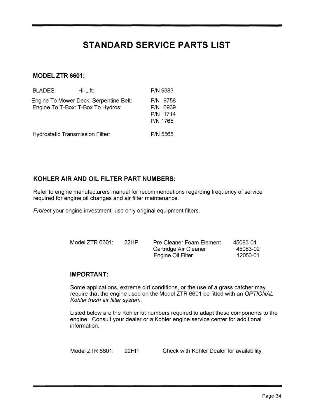 Dixon 6601 Series manual Model ZTR, Kohler AIR and OIL Filter Part Numbers 