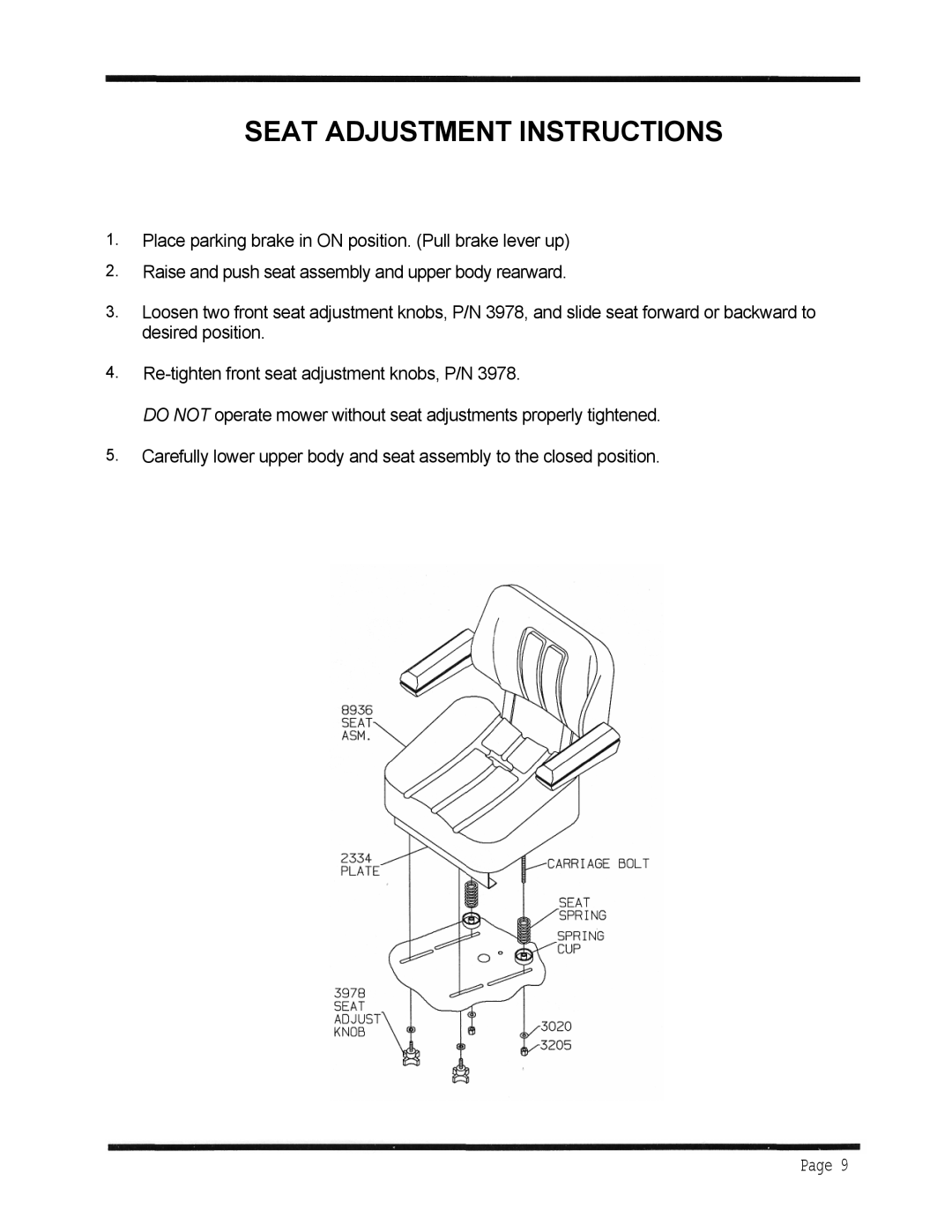 Dixon 6601 Series manual Seat Adjustment Instructions, Page 