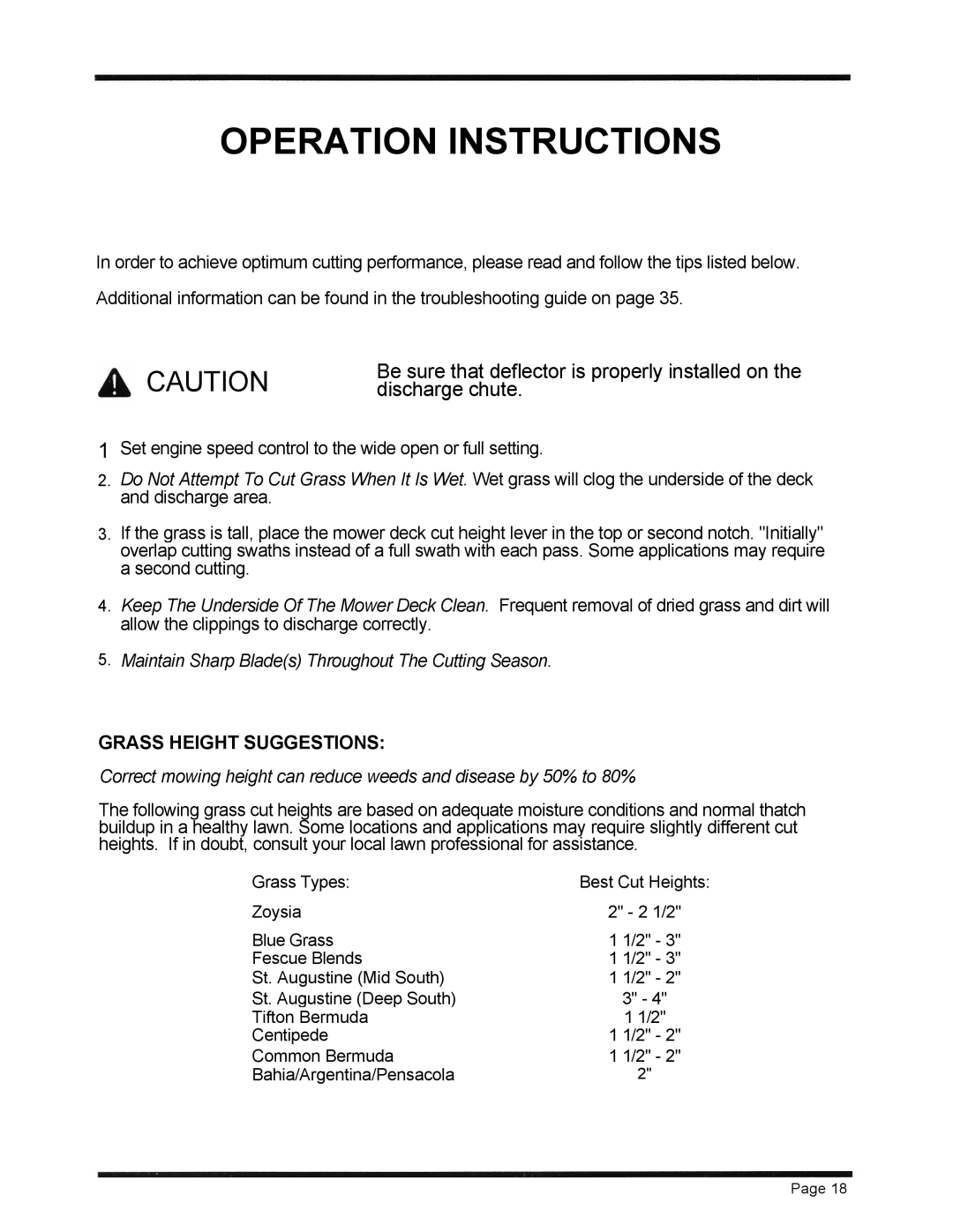 Dixon 6601 Series manual Operation Instructions, Grass Height Suggestions 