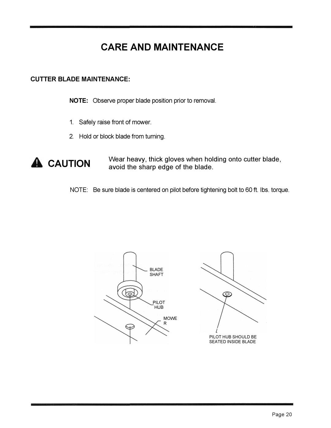 Dixon 6601 Series manual Care And Maintenance, avoid the sharp edge of the blade, Cutter Blade Maintenance, Page 