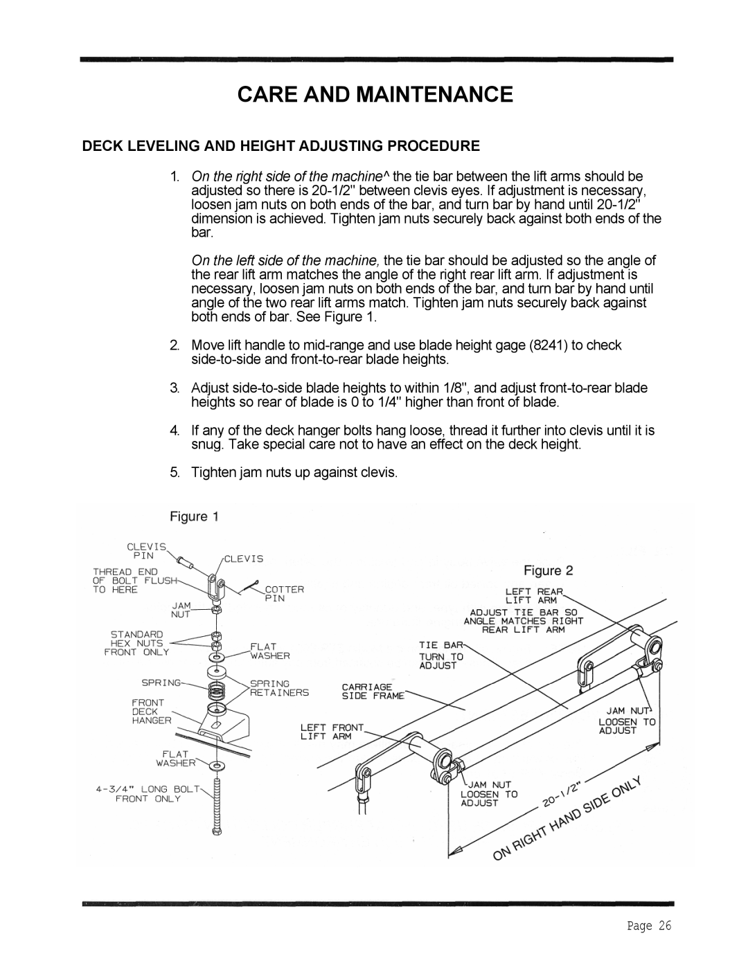 Dixon 6601 Series manual Care And Maintenance, Deck Leveling And Height Adjusting Procedure, Page 