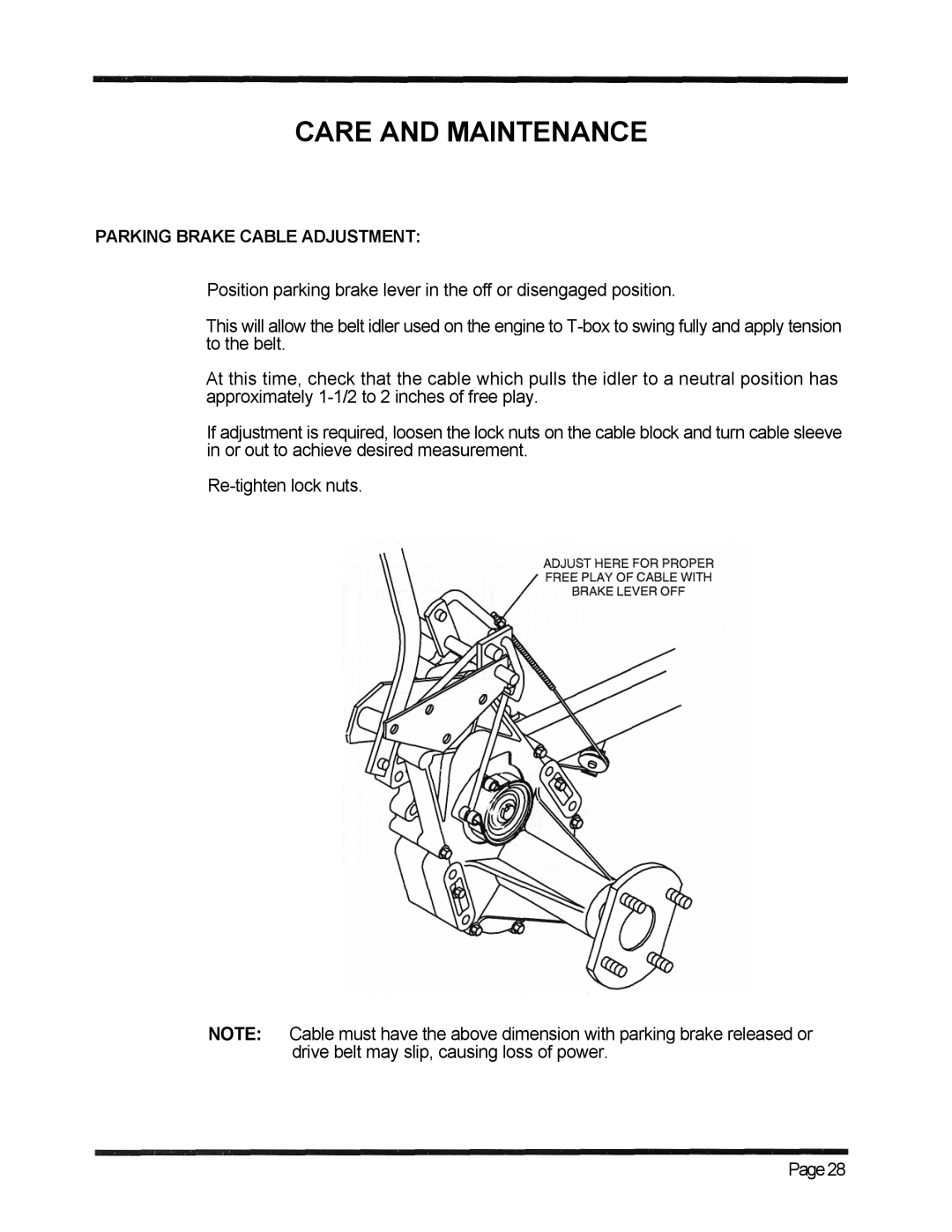 Dixon 6601 Series manual Care And Maintenance, Parking Brake Cable Adjustment 