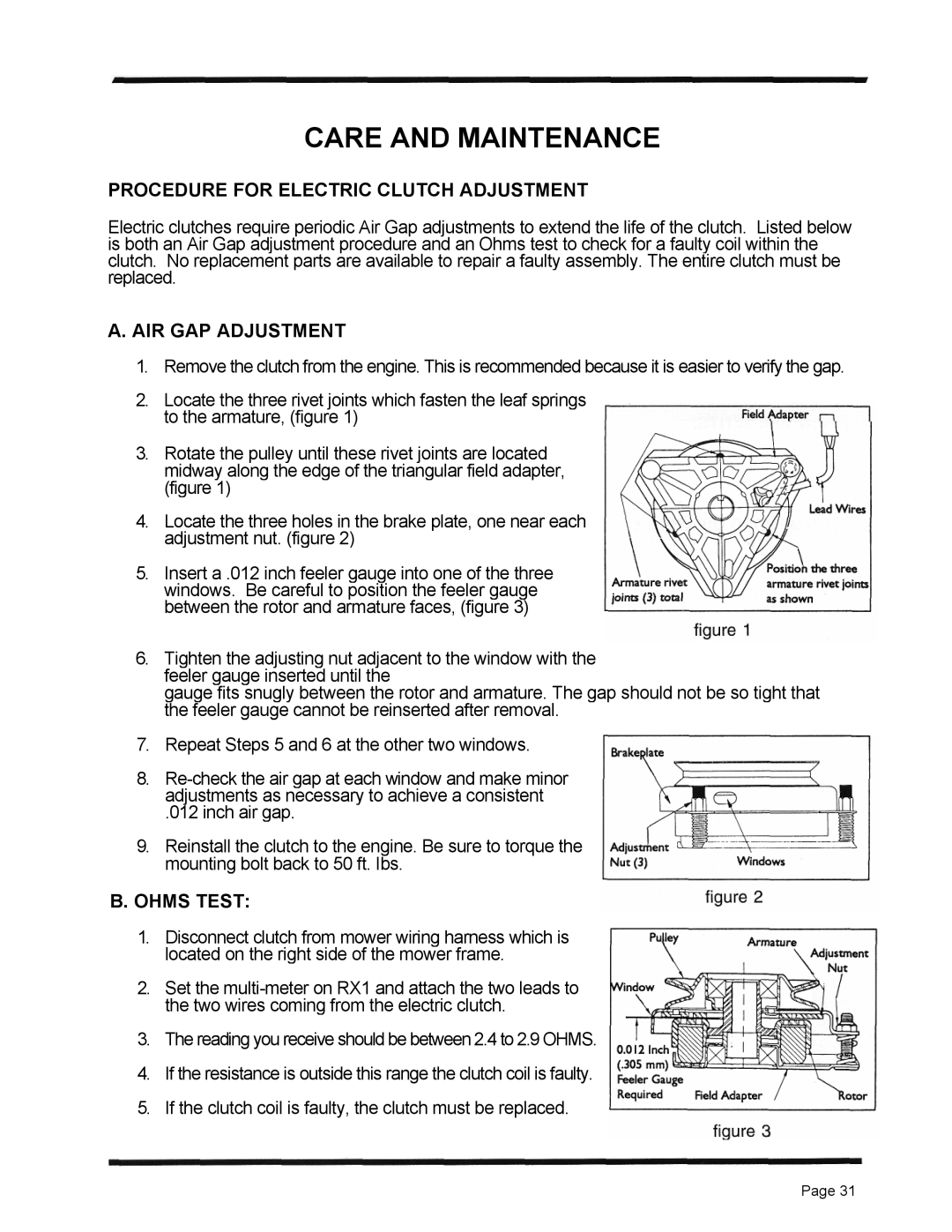 Dixon 6601 Series manual Care And Maintenance, Procedure For Electric Clutch Adjustment, A. Air Gap Adjustment, B.Ohms Test 