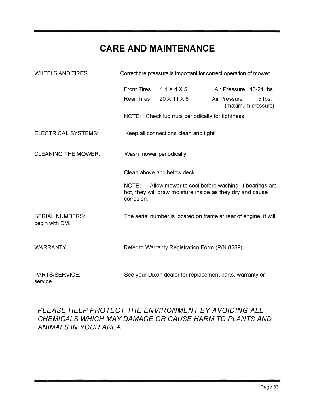 Dixon 6601 Series manual Care And Maintenance 