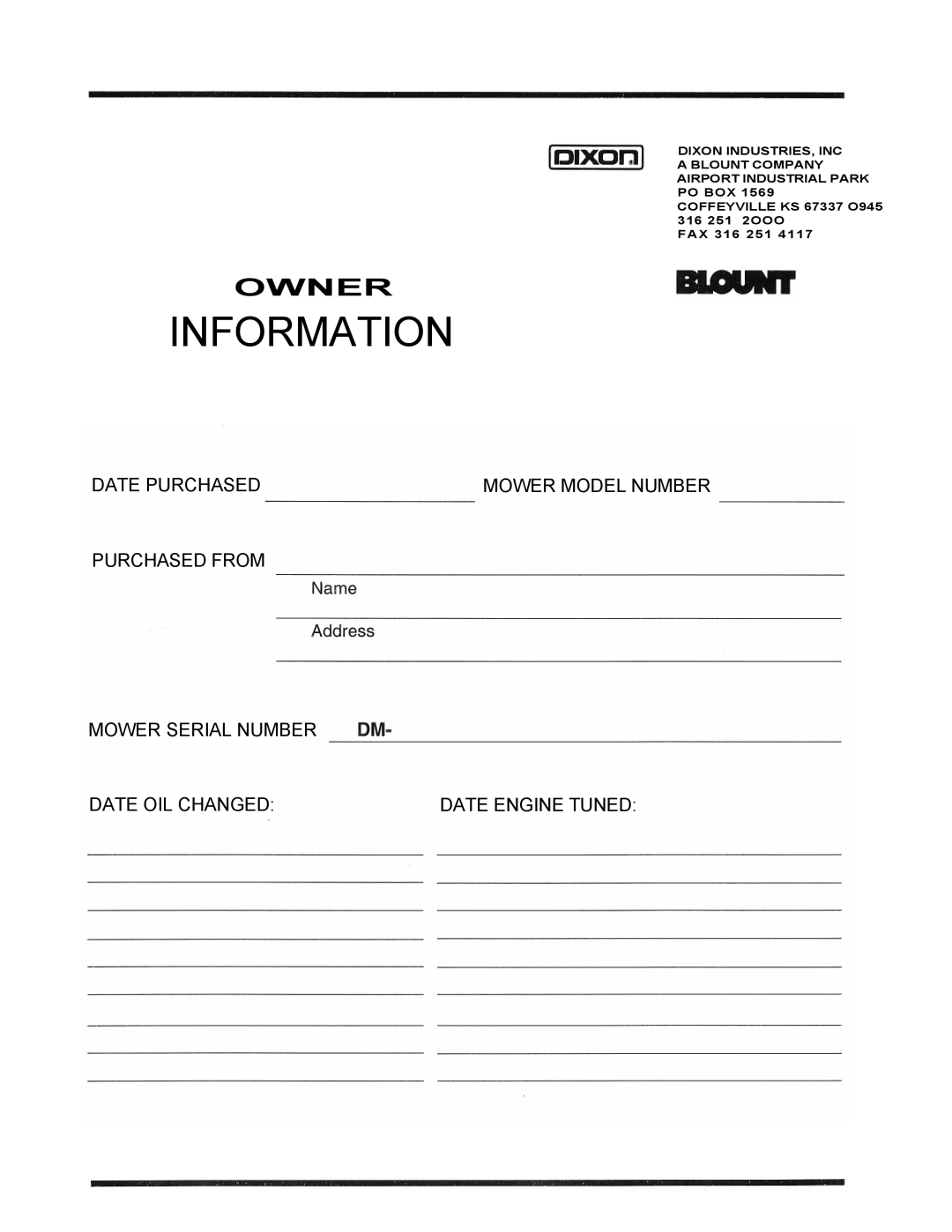 Dixon 6601 Series manual Information, Owner, Fax 