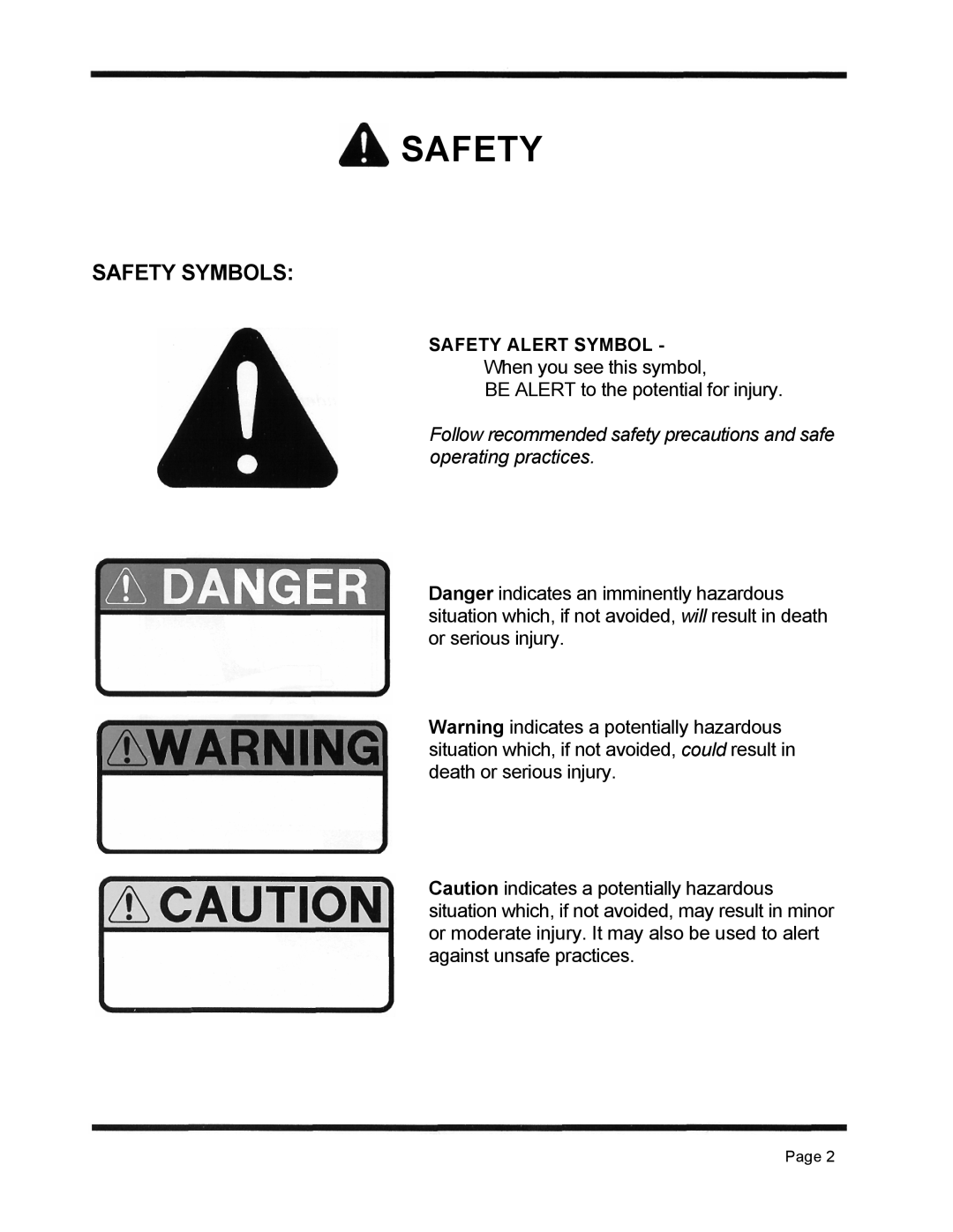 Dixon 6601 Series manual Safety Symbols 