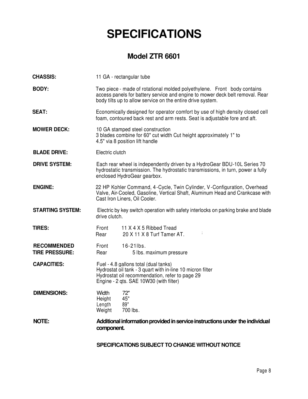 Dixon 6601 manual Specifications 