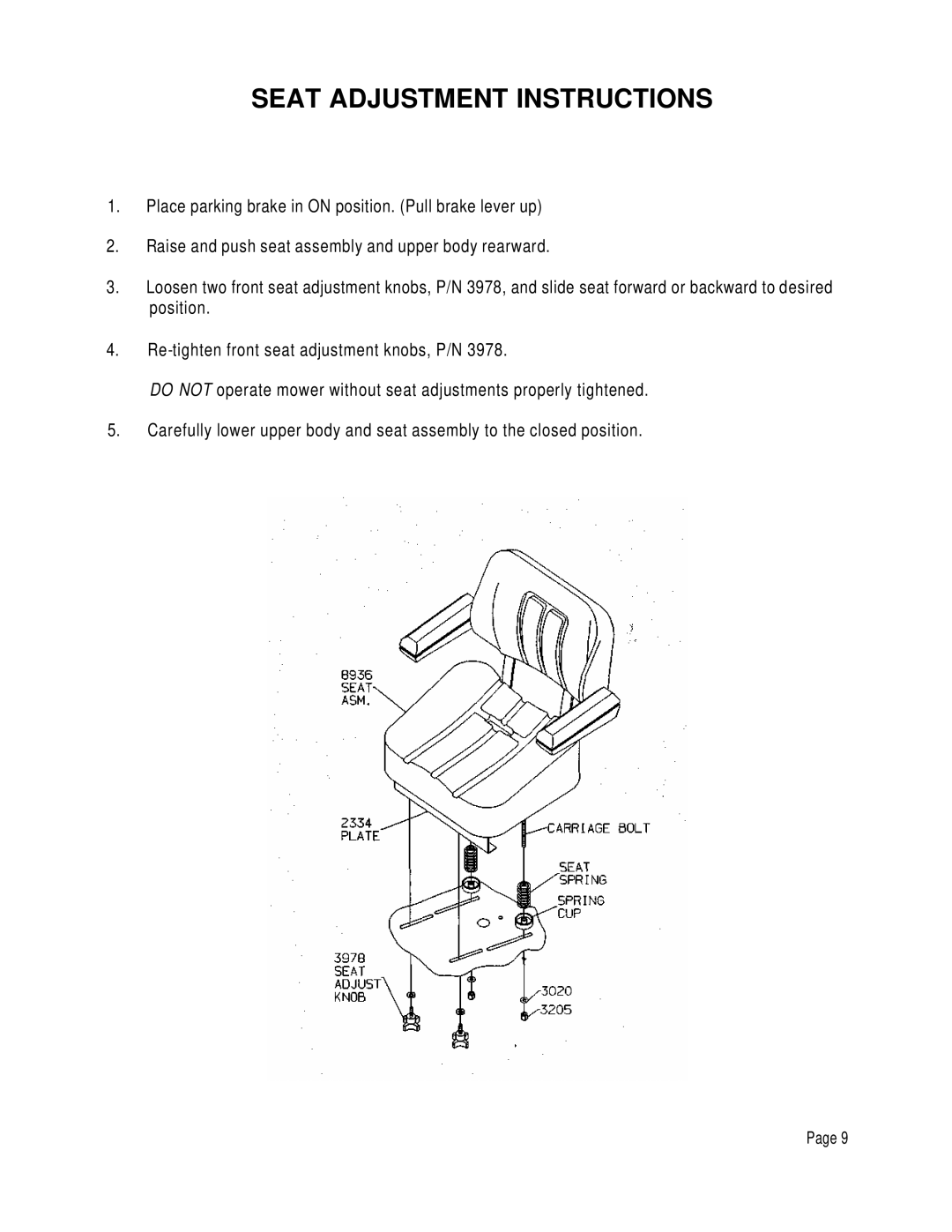 Dixon 6601 manual Seat Adjustment Instructions 