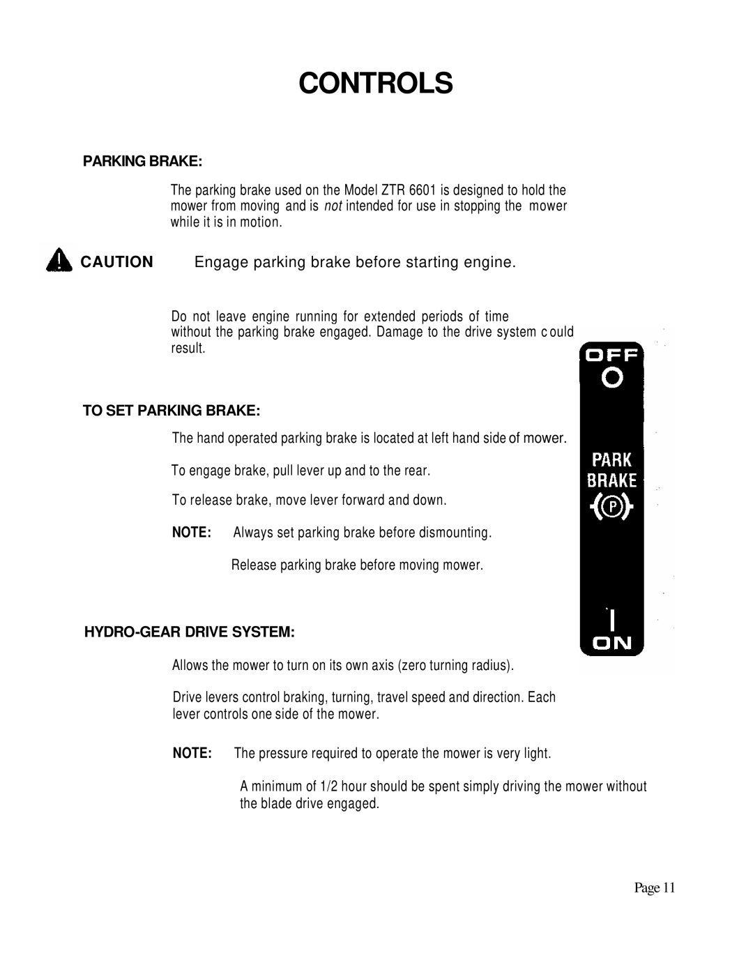 Dixon 6601 manual To SET Parking Brake, HYDRO-GEAR Drive System 