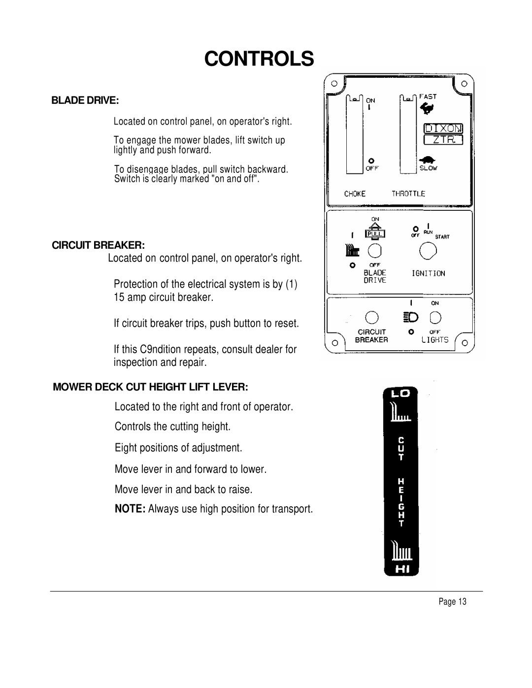 Dixon 6601 manual Blade Drive, Circuit Breaker, Mower Deck CUT Height Lift Lever 