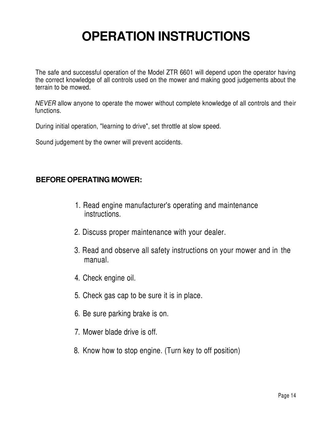 Dixon 6601 manual Operation Instructions 