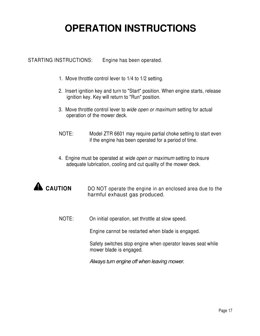 Dixon 6601 manual Operation Instructions 