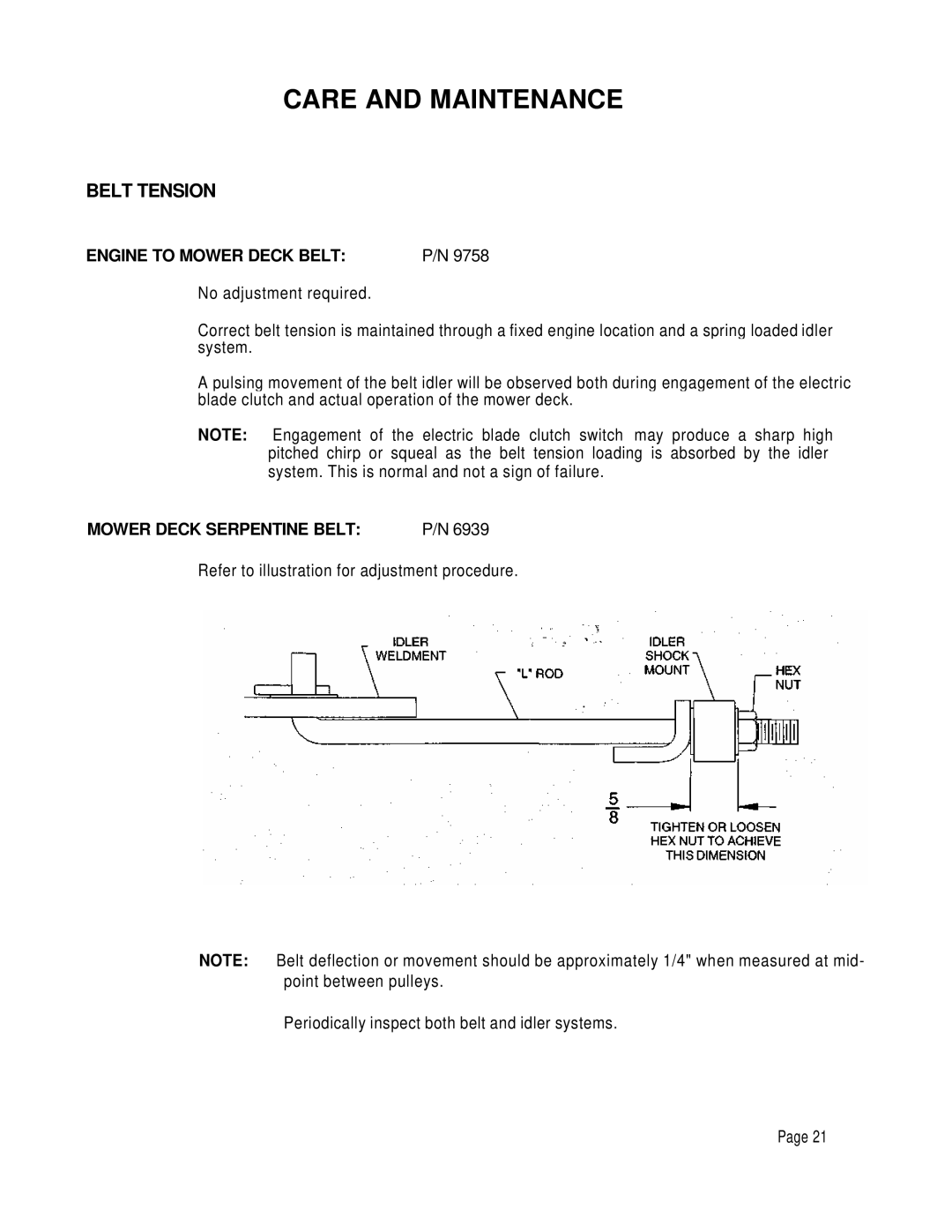 Dixon 6601 manual Belt Tension, Engine to Mower Deck Belt 