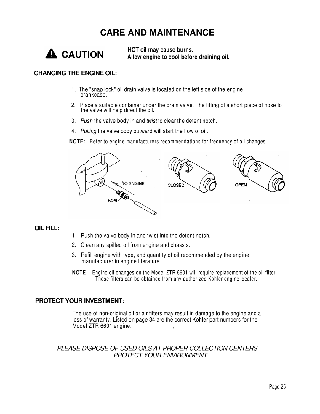 Dixon 6601 manual Changing the Engine OIL, OIL Fill, Protect Your Investment 