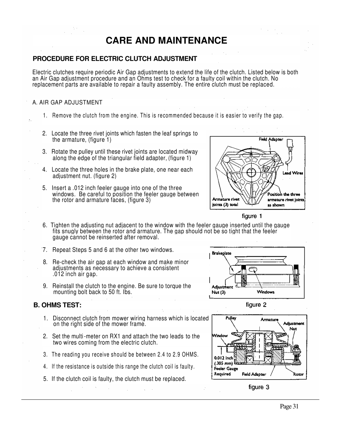 Dixon 6601 manual Procedure for Electric Clutch Adjustment, Ohms Test 